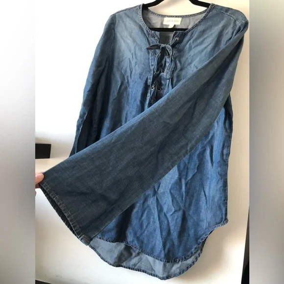 ANTHROPOLOGIE CLOTH & STONE CHAMBRAY LACE UP BLOUSE MEDIUM TENCEL LYOCELL TUNIC - Picture 8 of 10